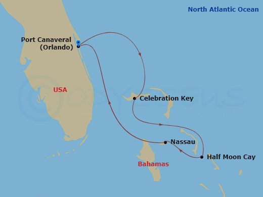 5 Night - Bahamas - Carnival Venezia - Starting in Port Canaveral (Orlando), Fl, Celebration Key, the Bahamas, Relaxaway, Half Moon Cay, Nassau, Bahamas, Port Canaveral (Orlando), Fl itinerary map