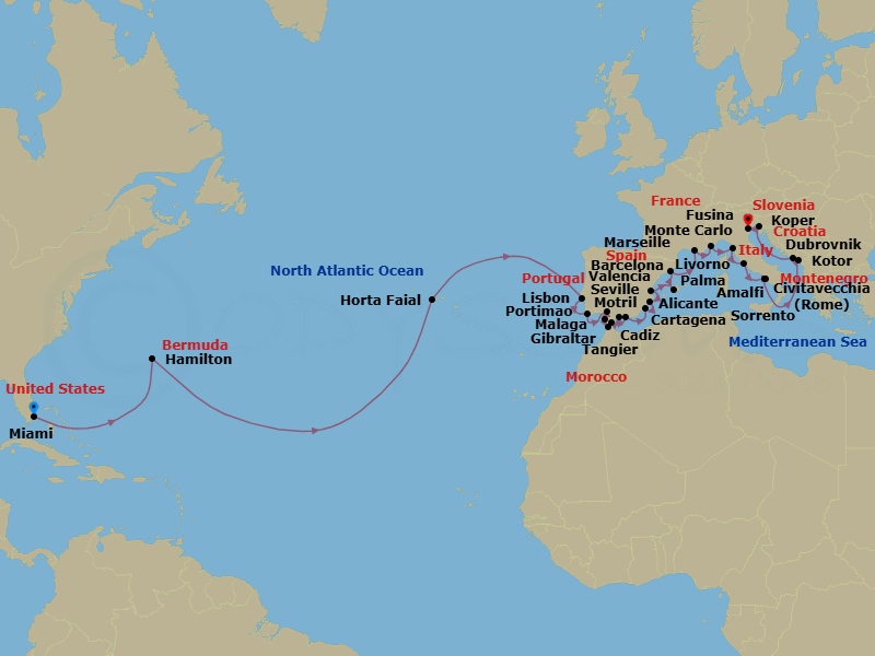 37 Night - Miami to Venice Transatlantic Grand Voyage - Azamara Journey - Starting in Miami, Florida, Hamilton, Horta, Azores, Lisbon, Portimao, Seville, Cadiz, Tangier, Malaga, Gibraltar, Granada (Motril), Cartagena ES, Alicante, Valencia, Palma, Majorca, Barcelona, Provence (Marseille), Monte Carlo, Florence / Pisa (Livorno), Rome (Civitavecchia), Sorrento, Amalfi, Kotor, Dubrovnik, Croatia, Koper, Venice (Fusina) itinerary map