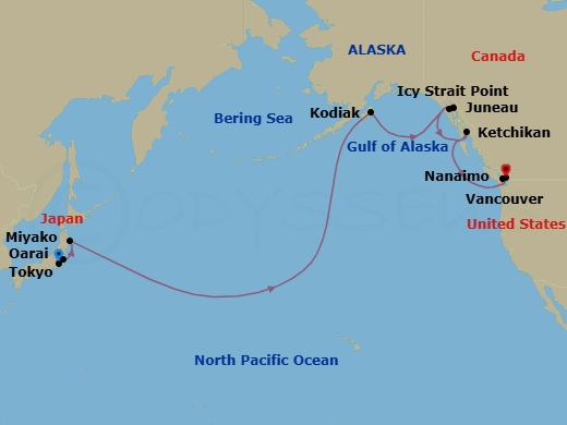 17 Night - Transpacific Cruise : Tokyo, Alaska & Vancouver - Azamara Quest - Starting in Tokyo, Oarai, Miyako, Iwate, Cross International Dateline West, Kodiak, Alaska, Juneau, Alaska, Icy Strait Point, Alaska, Ketchikan (Ward Cove), Alaska, Nanaimo, British Columbia, Vancouver, British Columbia itinerary map