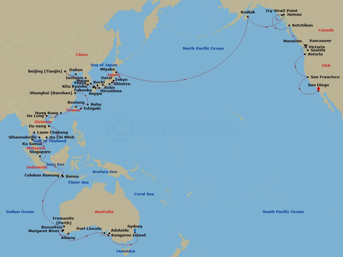 91 Night - Sydney to San Diego Grand Voyage - Azamara Quest - Starting in Sydney AU, Kangaroo Island (Penneshaw), Adelaide, Port Lincoln, Albany AU, Margaret River (Busselton), Perth (Fremantle), Benoa, Bali, Celukan, Bawang, Bali, Singapore, Ko Samui, Bangkok (Laem Chabang), Sihanoukville, Ho Chi Minh City, Hue (Da Nang), Ha Long Bay, Hong Kong, Taipei (Keelung), Ishigaki, Naha, Okinawa, Shanghai, Dalian, Beijing (Tianjin), Seoul (Incheon), Yeosu, Busan, Fukuoka, Kitakyushu, Hiroshima, Beppu, Kochi, Kobe, Mount Fuji (Shimizu), Tokyo, Oarai, Miyako, Iwate, Cross International Dateline West, Kodiak, Alaska, Juneau, Alaska, Icy Strait Point, Alaska, Ketchikan (Ward Cove), Alaska, Nanaimo, British Columbia, Vancouver, British Columbia, Seattle, Victoria CA, Canada, Astoria, Oregon, San Francisco, California, San Diego itinerary map