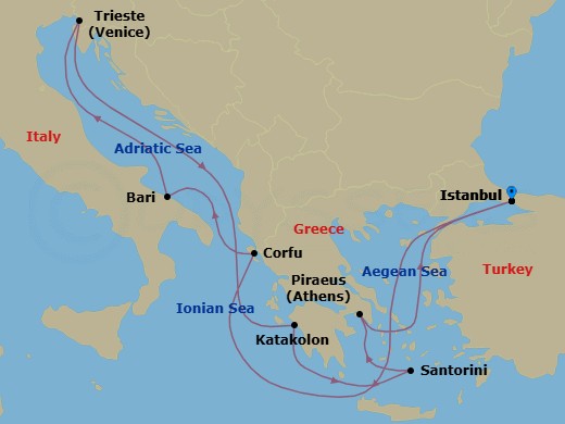 9 Night - Mediterranean - MSC Fantasia - Starting in Istanbul, Turkey, Corfu, Greece, Bari, Italy, Trieste (Venice), Italy, Katakolon (Olympia), Greece, Santorini, Greece, Piraeus (Athens), Greece, Istanbul, Turkey itinerary map