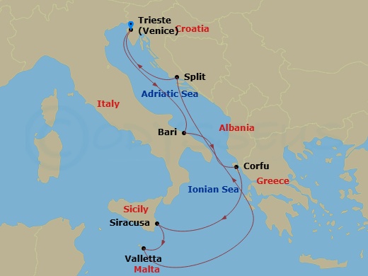 7 Night - Eastern Mediterranean from Trieste - Costa Deliziosa - Starting in Trieste, Bari, Corfu, Siracusa, Malta / La Valletta, Split, Trieste itinerary map