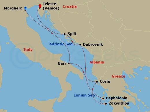 7 Night - Eastern Mediterranean from Marghera - Costa Deliziosa - Starting in Marghera, Bari, Corfu, Zakynthos, Argostoli / Cephalonia, Dubrovnik, Croatia, Split, Trieste itinerary map