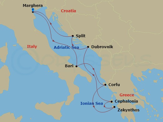 7 Night - Eastern Mediterranean from Marghera - Costa Deliziosa - Starting in Marghera, Bari, Corfu, Zakynthos, Argostoli / Cephalonia, Dubrovnik, Croatia, Split, Marghera itinerary map