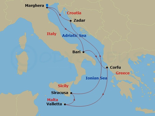 7 Night - Eastern Mediterranean from Marghera - Costa Deliziosa - Starting in Marghera, Bari, Corfu, Malta / La Valletta, Siracusa, Zadar, Marghera itinerary map