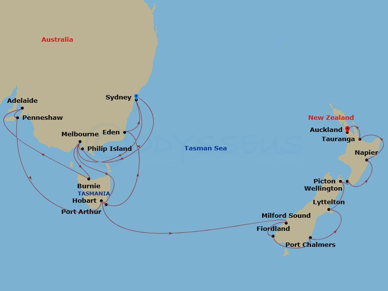 28 Night - South Australia & New Zealand Holiday - Noordam - Starting in Sydney AU, Phillip Island, Victoria AU, Australia, Melbourne, Australia, Burnie, Tasmania, Australia, Adelaide, South Australia, Australia, Penneshaw, Kangaroo Island, Australia, Hobart, Tasmania, Australia, Port Arthur, Australia, Eden, New South Wales, Australia, Sydney AU, Melbourne, Australia, Hobart, Tasmania, Australia, Milford Sound, New Zealand, Cruising Fiordland Natl Park, Port Chalmers (Dunedin), New Zealand, Lyttelton (Christchurch), New Zealand, Picton, New Zealand, Wellington, New Zealand, Napier, New Zealand, Tauranga (Rotorua), New Zealand, Auckland, New Zealand itinerary map
