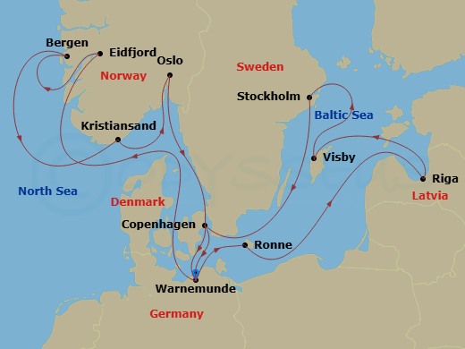 14 Night - Northern Europe - MSC Magnifica - Starting in Warnemunde (Berlin), Germany, Eidfjord, Norway, Bergen, Norway, Kristiansand, Norway, Oslo, Norway, Copenhagen, Denmark, Warnemunde (Berlin), Germany, Ronne, Denmark, Riga, Latvia, Visby, Sweden, Stockholm, Sweden, Copenhagen, Denmark, Warnemunde (Berlin), Germany itinerary map
