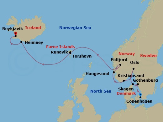 12 Night - Norway, Iceland & Faroe Islands Cruise : Oslo, Torshavn & Reykjavik - Azamara Journey - Starting in Copenhagen, Gothenburg, Skagen, Oslo, Kristiansand, Haugesund, Eidfjord, Torshavn, Runavik, Heimaey, Reykjavik itinerary map