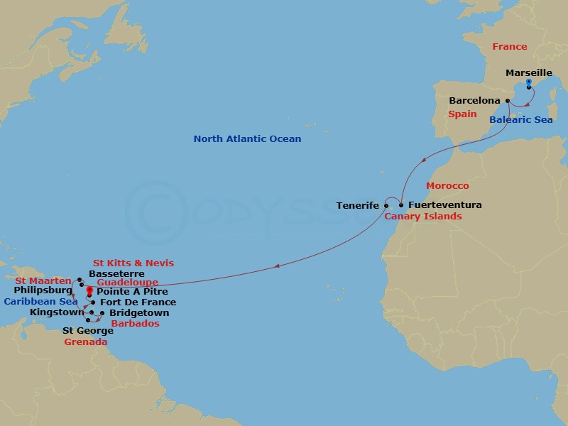 19 Night - Msc Grand Voyages - MSC World Europa - Starting in Marseille (Provence), France, Barcelona, Spain, Puerto Del Rosario / Fuerteventura, Spain, Santa Cruz de Tenerife, Philipsburg, St Maarten, Basseterre, St Kitts and Nevis, Kingstown, St Vincent and the Grenadines, Bridgetown, Barbados, Saint Georges, Granada, Fort-de-France, Martinique, Pointe-A-Pitre, Guadeloupe itinerary map