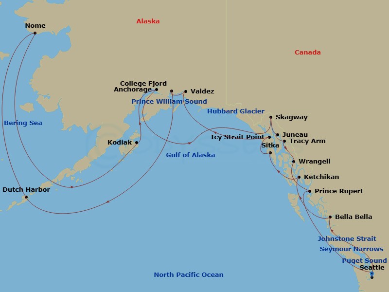28 Night - Legendary Alaska Arctic Circle Solstice - Noordam - Starting in Seattle, Washington, Puget Sound, Transit the Seymour Narrows, Scenic cruising Johnstone Strait, Scenic cruising Bella Bella, Scenic cruising Grenville Channel, Scenic cruising Great Bear Rainforest, Ketchikan, Alaska, Sitka, Alaska, Icy Strait Point, Alaska, Cruising Prince William Sound, Valdez, Alaska, College Fjord, Cruising Prince William Sound, Dutch Harbor, Alaska, Nome, Alaska, Crossing the Arctic Circle, Kodiak, Alaska, Anchorage, Alaska, Cruising Hubbard Glacier, Haines (Skagway), Alaska, Juneau, Alaska, Scenic cruising Endicott Arm / Dawes Glacier, Wrangell, Alaska, Prince Rupert, British Columbia, Canada, Seattle, Washington itinerary map