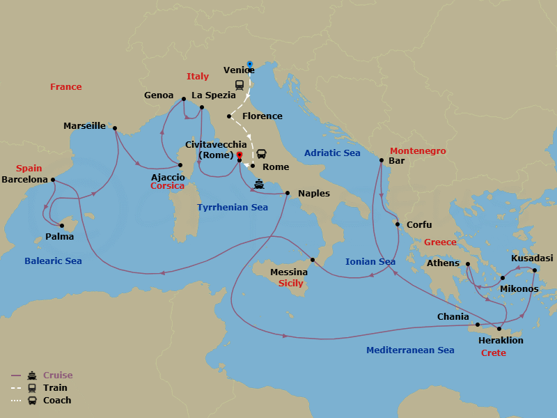 27 Night - Classic Italy - Tour 4C - Sun Princess Tours - Starting in Venice, Italy, Florence, Italy, Rome, Italy, Civitavecchia (for Rome), Italy, Naples, Italy (for Capri and Pompeii), Crete (Chania), Greece, Kusadasi, Turkey (for Ephesus), Mykonos, Greece, Athens (Piraeus), Greece, Crete (Heraklion), Greece, Montenegro, Corfu, Greece, Sicily (Messina), Italy, Barcelona, Spain, Mallorca (Palma), Spain, Marseille (Provence), France, Corsica (Ajaccio), France, Genoa (for Cinque Terre), Italy, La Spezia (for Florence / Pisa), Italy, Civitavecchia (for Rome), Italy itinerary map