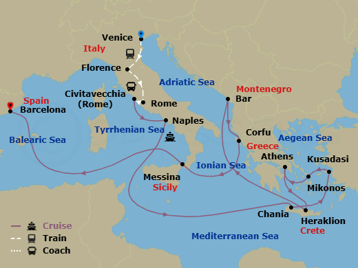 20 Night - Classic Italy - Tour 4B - Sun Princess Tours - Starting in Venice, Italy, Florence, Italy, Rome, Italy, Civitavecchia (for Rome), Italy, Naples, Italy (for Capri and Pompeii), Crete (Chania), Greece, Kusadasi, Turkey (for Ephesus), Mykonos, Greece, Athens (Piraeus), Greece, Crete (Heraklion), Greece, Montenegro, Corfu, Greece, Sicily (Messina), Italy, Barcelona, Spain itinerary map