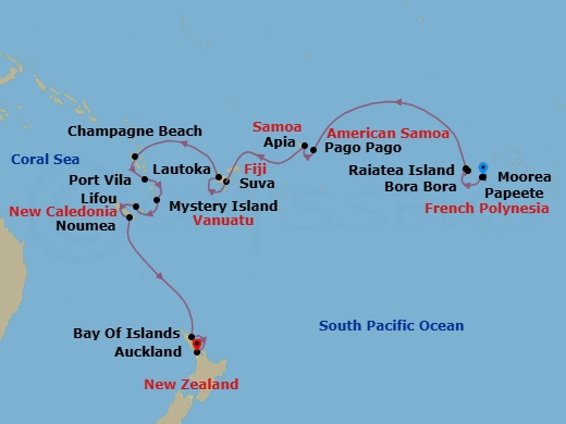 22 Night - World Cruise - Crystal Serenity - Starting in Papeete (Tahiti), Moorea Island, Raiatea, Bora Bora (Society Islands), Pago Pago, Date Line lose a day, Apia, Suva, Lautoka, Champagne Beach, Port Vila, Mystery Island, Anelghowhat, Lifou, Noumea, Bay of Islands, Auckland itinerary map