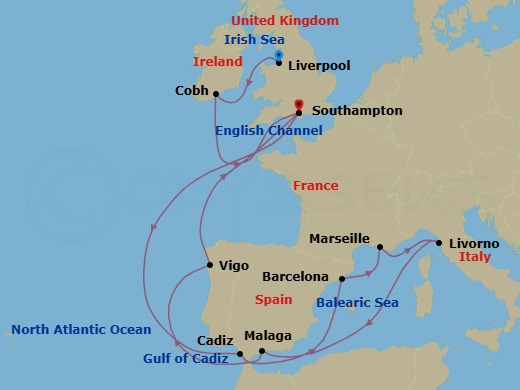 18 Night - Spain, France and Italy - Queen Mary 2 - Starting in Liverpool, England, UK, Cobh (tours to Cork), Ireland, Southampton, England, UK, Cadiz (tours to Seville), Spain, Barcelona, Spain, Marseille, France, Livorno (tours to Florence or Pisa), Italy, Malaga (tours to Granada), Spain, Vigo (tours to Santiago de Compostela), Spain, Southampton, England, UK itinerary map