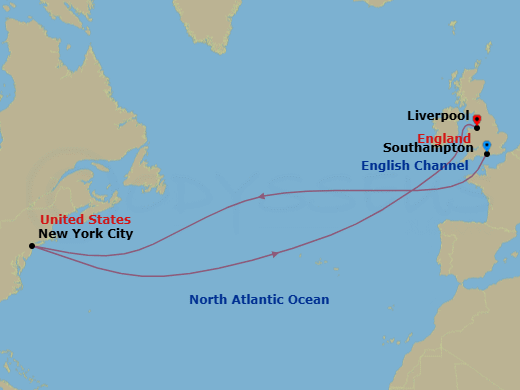 15 Night - The Four Queens Celebration - Queen Mary 2 - Starting in Southampton, England, UK, New York, NY, Liverpool, England, UK itinerary map