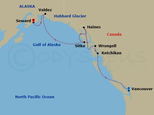 14 Night - Banff, Lake Louise & Whistler Cruisetour : Journey Through the Rockies - Azamara Pursuit Tours - Starting in Vancouver, British Columbia, Ketchikan (Ward Cove), Alaska, Wrangell, Haines, Alaska, Sitka, Alaska, Cruise Hubbard Glacier, Valdez, Alaska, Seward, Alaska itinerary map