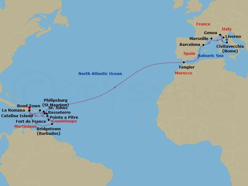 25 Night - Msc Grand Voyages - MSC Opera - Starting in Civitavecchia (Rome), Italy, Genoa (Portofino), Italy, Livorno (Florence), Italy, Marseille (Provence), France, Barcelona, Spain, Tangier (Tetouan), Morocco, St Johns AG, Antigua, Philipsburg, St Maarten, Basseterre, St Kitts and Nevis, La Romana, Dominican Republic, Catalina Island, Dominican Republic, Bridgetown, Barbados, Fort-de-France, Martinique, Pointe-A-Pitre, Guadeloupe, Road Town (Tortola), British Virgin Islands, La Romana, Dominican Republic itinerary map
