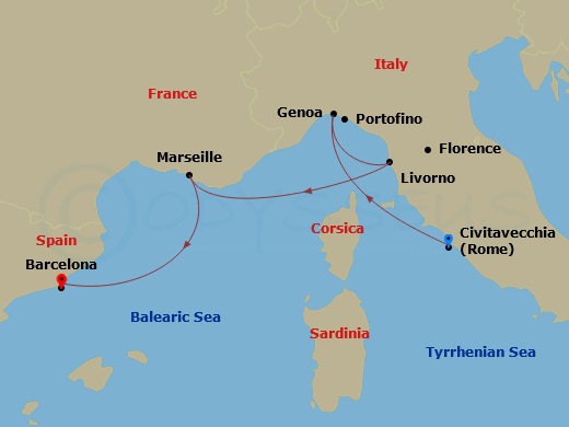 4 Night - Msc Grand Voyages - MSC Opera - Starting in Civitavecchia (Rome), Italy, Genoa (Portofino), Italy, Livorno (Florence), Italy, Marseille (Provence), France, Barcelona, Spain itinerary map