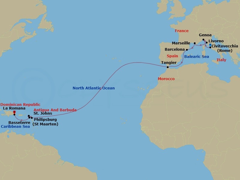 18 Night - Msc Grand Voyages - MSC Opera - Starting in Civitavecchia (Rome), Italy, Genoa (Portofino), Italy, Livorno (Florence), Italy, Marseille (Provence), France, Barcelona, Spain, Tangier (Tetouan), Morocco, St Johns AG, Antigua, Philipsburg, St Maarten, Basseterre, St Kitts and Nevis, La Romana, Dominican Republic itinerary map