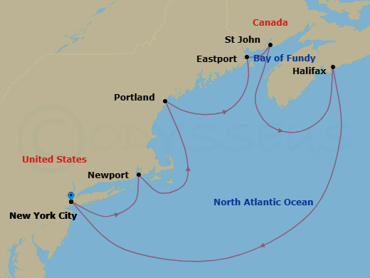 7 Night - North America & Canada - Crystal Serenity - Starting in New York, Newport, Rhode Island, Portland ME, Eastport, ME, Saint John NB, Halifax, New York itinerary map