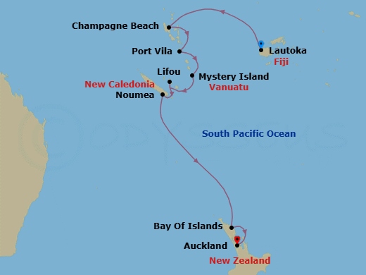 11 Night - South Pacific - Crystal Serenity - Starting in Lautoka, Champagne Beach, Port Vila, Mystery Island, Anelghowhat, Lifou, Noumea, Bay of Islands, Auckland itinerary map