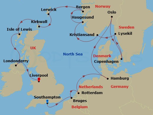 19 Night - Baltic & Northern Europe - Crystal Serenity - Starting in Southampton, Zeebrugge, Rotterdam, Hamburg, Oslo, Copenhagen, Lysekil, Kristiansand, Haugesund, Bergen, Lerwick, Kirkwall, Lewis and Harris Island, Greencastle (Londonderry), Liverpool itinerary map