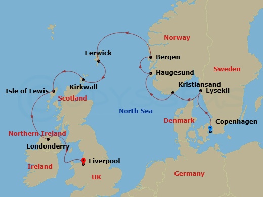 10 Night - Baltic & Northern Europe - Crystal Serenity - Starting in Copenhagen, Lysekil, Kristiansand, Haugesund, Bergen, Lerwick, Kirkwall, Lewis and Harris Island, Greencastle (Londonderry), Liverpool itinerary map