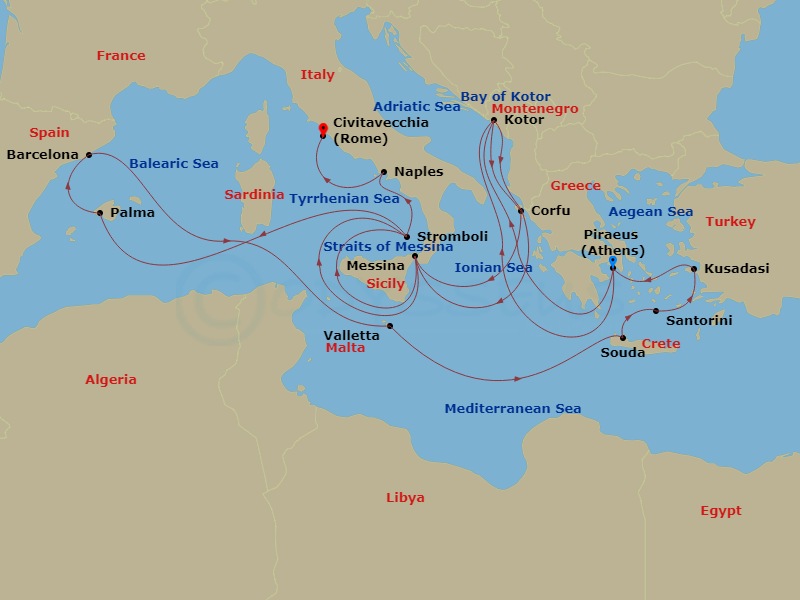21 Night - Ultimate Mediterranean Marvels Collectors' Voyage - Oosterdam - Starting in Piraeus (Athens), Greece, Kotor, Montenegro, Scenic cruising Bay of Kotor, Kerkira, (Corfu), Greece, Messina, Italy, Cruising Strait of Messina, Evening cruising Stromboli Volcano, Palma De Mallorca, Spain, Barcelona, Spain, Valletta, Malta, Souda (Chania), Greece, Thira (Santorini), Greece, Kusadasi (Ephesus), Turkey, Piraeus (Athens), Greece, Kotor, Montenegro, Scenic cruising Bay of Kotor, Kerkira, (Corfu), Greece, Messina, Italy, Cruising Strait of Messina, Evening cruising Stromboli Volcano, Naples (Pompeii / Amalfi), Italy, Civitavecchia (Rome), Italy itinerary map