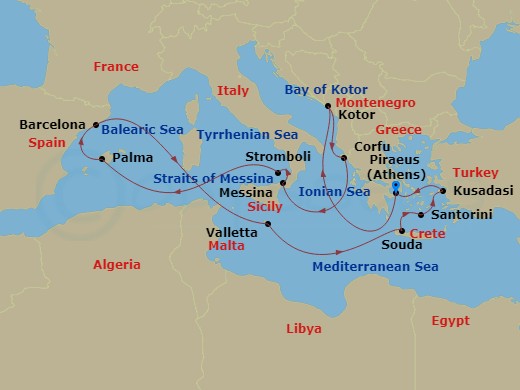 14 Night - Greece, Sicily, Spain & Malta Collectors' Voyage - Oosterdam - Starting in Piraeus (Athens), Greece, Kotor, Montenegro, Scenic cruising Bay of Kotor, Kerkira, (Corfu), Greece, Messina, Italy, Cruising Strait of Messina, Evening cruising Stromboli Volcano, Palma De Mallorca, Spain, Barcelona, Spain, Valletta, Malta, Souda (Chania), Greece, Thira (Santorini), Greece, Kusadasi (Ephesus), Turkey, Piraeus (Athens), Greece itinerary map