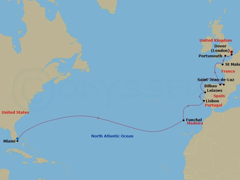 20 Night - Atlantic Crossing, Portugal, Spain & France - Seabourn Quest - Starting in Miami, Florida, Funchal (Madeira), Portugal, Lisbon, Portugal, Leixoes (Porto), Portugal, Bilbao, St Jean-de-Luz (Biarritz), France, St Malo (Le Mont Saint Michel), France, Portsmouth UK, Dover UK (London), England itinerary map