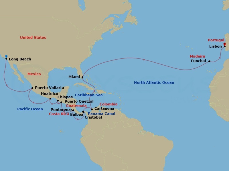 31 Night - Panama Canal & Atlantic Passage - Seabourn Quest - Starting in Long Beach, California, Puerto Vallarta, Mexico, Huatulco, Mexico, Puerto Chiapas, Mexico, Puerto Quetzal, Guatemala, Puntarenas (Puerto Caldera), Costa Rica, Enter Panama Canal Balboa, Cruising Panama Canal, Exit Panama Canal Cristobal, Cartagena CO, Miami, Florida, Funchal (Madeira), Portugal, Lisbon, Portugal itinerary map