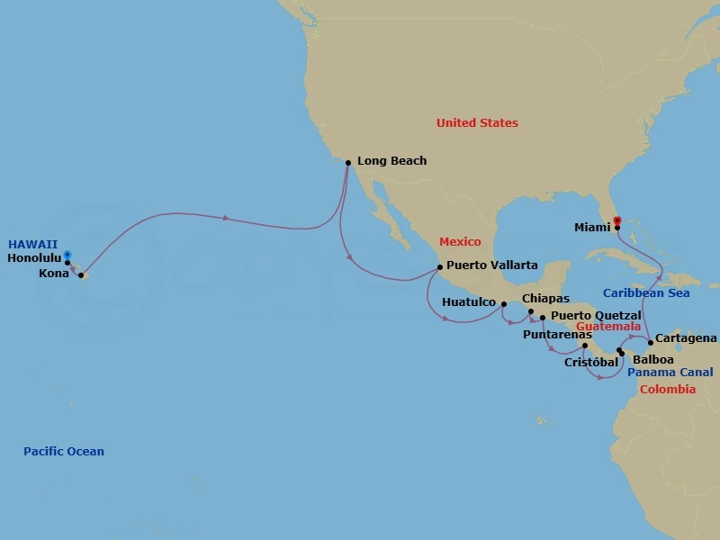 27 Night - World Cruise : Hawaii & Panama Canal - Seabourn Quest - Starting in Honolulu, Hawaii, Kona, Hawaii, Long Beach, California, Puerto Vallarta, Mexico, Huatulco, Mexico, Puerto Chiapas, Mexico, Puerto Quetzal, Guatemala, Puntarenas (Puerto Caldera), Costa Rica, Enter Panama Canal Balboa, Cruising Panama Canal, Exit Panama Canal Cristobal, Cartagena CO, Miami, Florida itinerary map