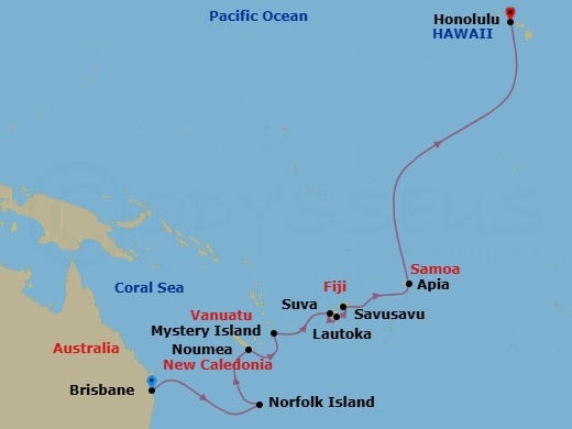 19 Night - World Cruise : South Pacific Isles - Seabourn Quest - Starting in Brisbane, Australia, Norfolk Island, Australia, Noumea, New Caledonia, Mystery Island, Vanuatu, Lautoka, Fiji, Suva, Viti Levu, Fiji, Savusavu, Vanua Levu, Fiji, Apia, Upolu, Samoa, Cross International Dateline, Crossing the Equator, Honolulu, Hawaii itinerary map