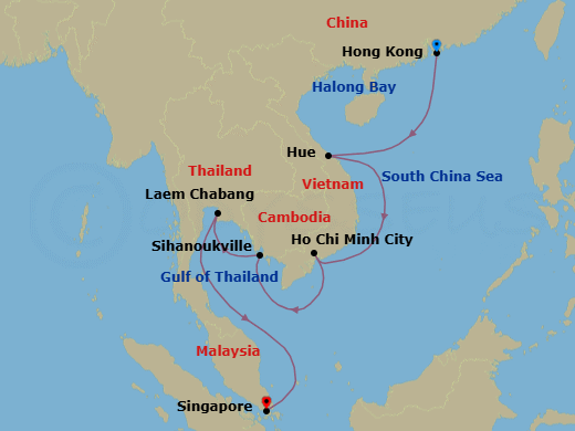 16 Night - Hong Kong to Singapore - Silver Whisper - Starting in Hong Kong, Ha Long Bay, Chan May (Hue / Danang), Ho Chi Minh City, Sihanoukville, Bangkok (Laem Chabang), Singapore itinerary map