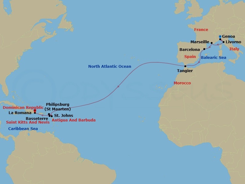 17 Night - Msc Grand Voyages - MSC Opera - Starting in Genoa (Portofino), Italy, Livorno (Florence), Italy, Marseille (Provence), France, Barcelona, Spain, Tangier (Tetouan), Morocco, St Johns AG, Antigua, Philipsburg, St Maarten, Basseterre, St Kitts and Nevis, La Romana, Dominican Republic itinerary map