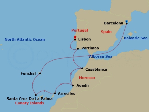9 Night - Europe & Mediterranean - Crystal Serenity - Starting in Barcelona, Funchal, Madeira, Santa Cruz de La Palma, Arrecife, Canary Islands, Agadir, Casablanca, Morocco, Portimao, Lisbon itinerary map