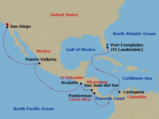 15 Night - Panama Canal - Crystal Symphony - Starting in Fort Lauderdale, Cartagena CO, Panama Canal Transit, Puntarenas, San Juan del Sur, Acajutla, Puerto Vallarta, San Diego itinerary map