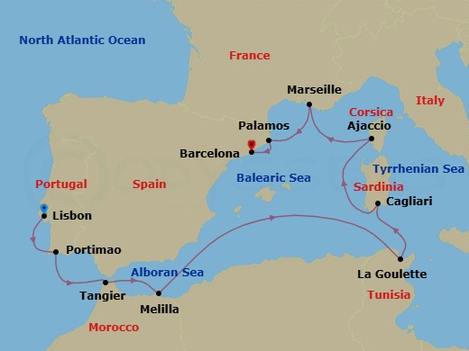 10 Night - Europe & Mediterranean - Crystal Serenity - Starting in Lisbon, Portimao, Tangier, Melilla, Tunis (La Goulette), Cagliari (Sardinia), Ajaccio (Corsica), Marseille, Palamos, Barcelona itinerary map