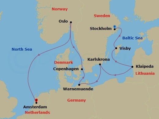 10 Night - Baltic & Northern Europe - Crystal Serenity - Starting in Stockholm, Visby (Gotland), Klaipeda, Karlskrona, Warnemunde (Rostock), Copenhagen, Oslo, Amsterdam itinerary map