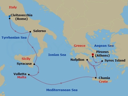 8 Night - Europe & Mediterranean - Crystal Serenity - Starting in Civitavecchia (Rome), Salerno, Siracusa (Sicily), Valletta, Souda (Chania), Nafplio, Syros, Athens (Piraeus) itinerary map