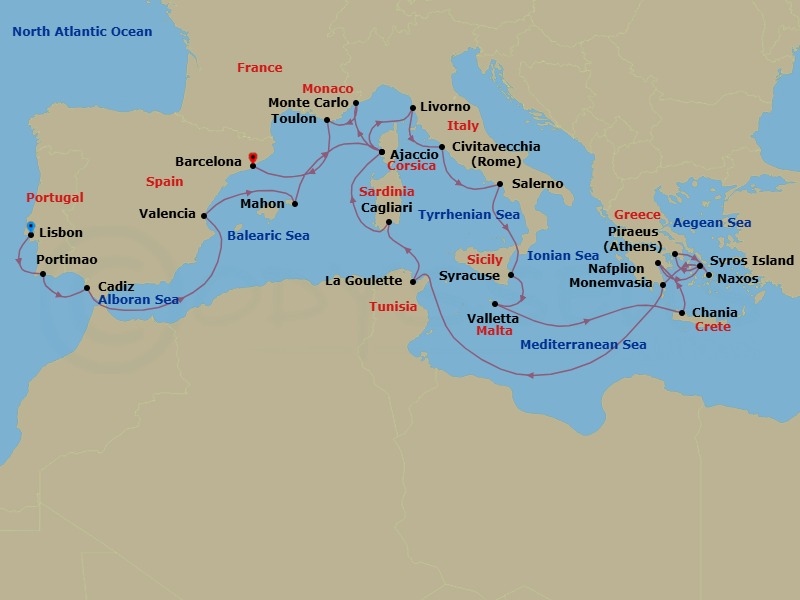 27 Night - Europe & Mediterranean - Crystal Serenity - Starting in Lisbon, Portimao, Cadiz, Valencia, Porto Mahon, Ajaccio (Corsica), Livorno (Tuscany), Civitavecchia (Rome), Salerno, Siracusa (Sicily), Valletta, Souda (Chania), Nafplio, Syros, Athens (Piraeus), Naxos, Monemvasia (Laconia), Tunis (La Goulette), Cagliari (Sardinia), Ajaccio (Corsica), Monte Carlo, Toulon, Barcelona itinerary map