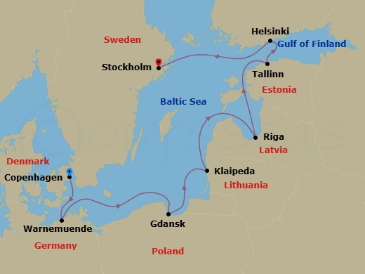10 Night - Baltic & Northern Europe - Crystal Serenity - Starting in Copenhagen, Warnemunde (Rostock), Gdansk, Klaipeda, Riga, Tallinn, Helsinki, Stockholm itinerary map
