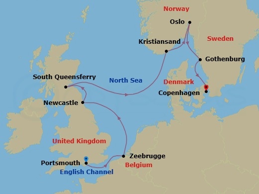 10 Night - Baltic & Northern Europe - Crystal Serenity - Starting in Portsmouth UK, Zeebrugge, Newcastle upon Tyne, South Queensferry, Kristiansand, Oslo, Gothenburg, Copenhagen itinerary map