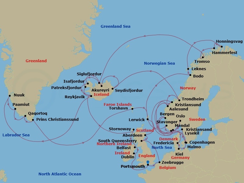 59 Night - Baltic & Northern Europe - Crystal Serenity - Starting in Portsmouth UK, Zeebrugge, South Queensferry, Aberdeen, Lerwick, Nordfjordur, Bodo, Leknes (Vestvagoy), Honningsvag (Nord Cape), Hammerfest, Tromso, Siglufjordur, Patreksfjordur, Reykjavik, Nuuk (Godthab), Paamiut, Qaqortoq (Julianehab), Cruise Prince Kristian Fjord, Torshavn, Faroe Islands, Lerwick, Stavanger, Mandal, Oslo, Alesund, Kristiansund, Maloy, Bergen, Kristiansand, Fredericia, Kiel, Copenhagen, Lysekil, Alesund, Trondheim, Seydisfjordur, Akureyri, Isafjordur, Reykjavik, Lewis and Harris Island, Belfast, Dublin (Dun Laoghaire), Portsmouth UK itinerary map