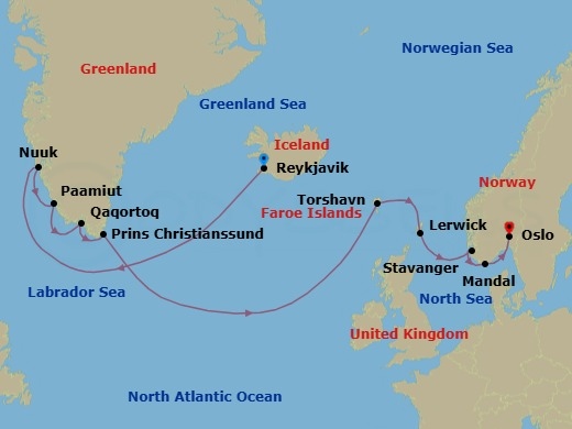 14 Night - Baltic & Northern Europe - Crystal Serenity - Starting in Reykjavik, Nuuk (Godthab), Paamiut, Qaqortoq (Julianehab), Cruise Prince Kristian Fjord, Torshavn, Faroe Islands, Lerwick, Stavanger, Mandal, Oslo itinerary map