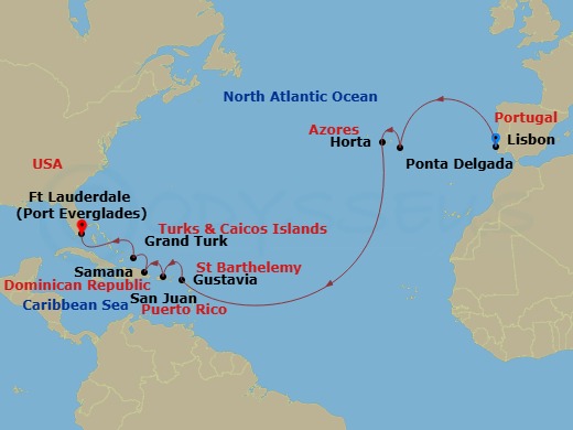 14 Night - Transoceanic - Crystal Serenity - Starting in Lisbon, Ponta Delgada (Sao Miguel Island), Horta, Gustavia, St Barthelemy, San Juan, Samana, Grand Turk, Fort Lauderdale itinerary map