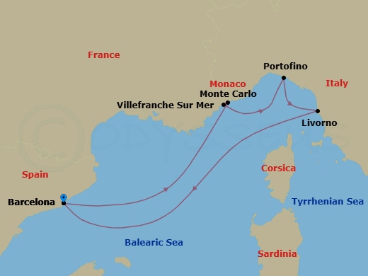 7 Night - Europe & Mediterranean - Crystal Serenity - Starting in Barcelona, Monte Carlo, Villefranche, Portofino, Livorno (Tuscany), Barcelona itinerary map