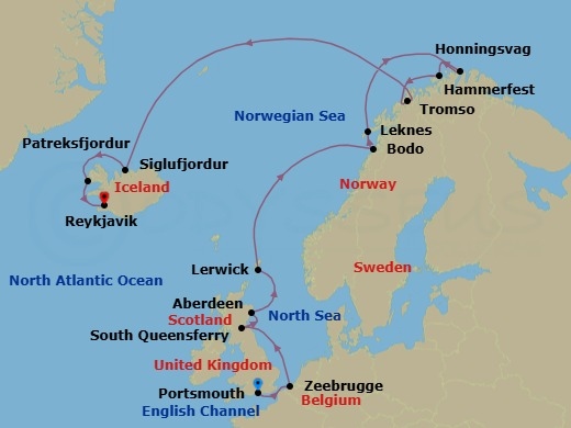 19 Night - Baltic & Northern Europe - Crystal Serenity - Starting in Portsmouth UK, Zeebrugge, South Queensferry, Aberdeen, Lerwick, Nordfjordur, Bodo, Leknes (Vestvagoy), Honningsvag (Nord Cape), Hammerfest, Tromso, Siglufjordur, Patreksfjordur, Reykjavik itinerary map