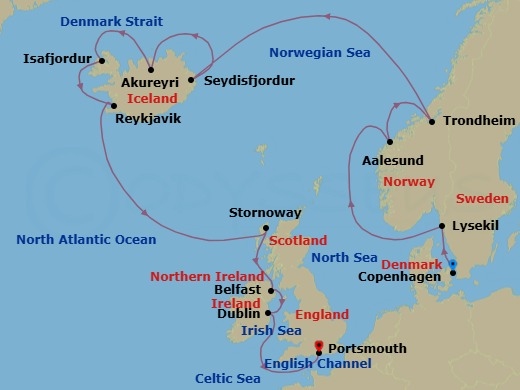 16 Night - Baltic & Northern Europe - Crystal Serenity - Starting in Copenhagen, Lysekil, Alesund, Trondheim, Seydisfjordur, Akureyri, Isafjordur, Reykjavik, Lewis and Harris Island, Belfast, Dublin (Dun Laoghaire), Portsmouth UK itinerary map