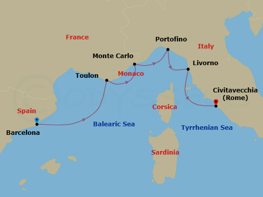 7 Night - Europe & Mediterranean - Crystal Serenity - Starting in Barcelona, Toulon, Monte Carlo, Portofino, Livorno (Tuscany), Civitavecchia (Rome) itinerary map